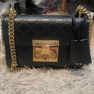 Gucci Black Embossed Leather Crossbody with Gold Chain